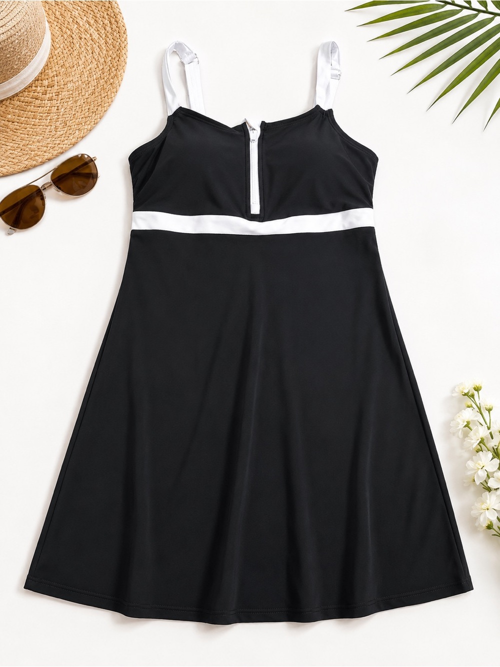 NWT Lands’ End Black White Zip Front Swim Dress Swimsuit XS